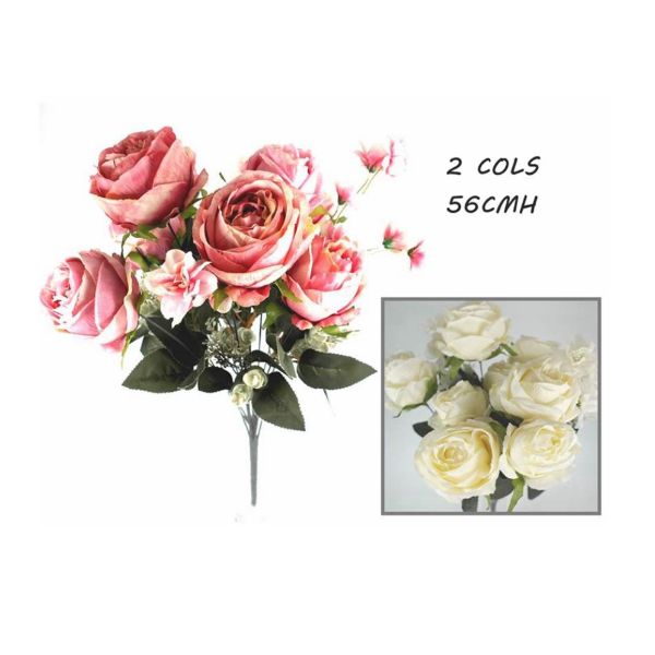 ARTIFICIAL ROSE BOUQUET 7 HEADS AND LEAVES 56CMH 2 ASST COL