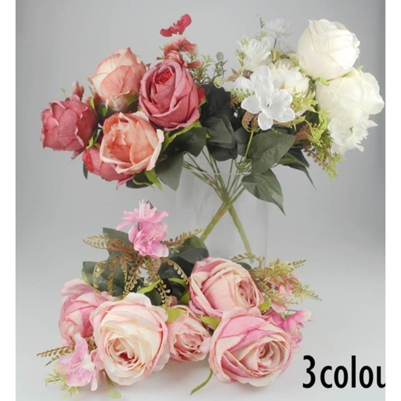 Artificial 5 Heads Rose Flower Bunch - 43cm