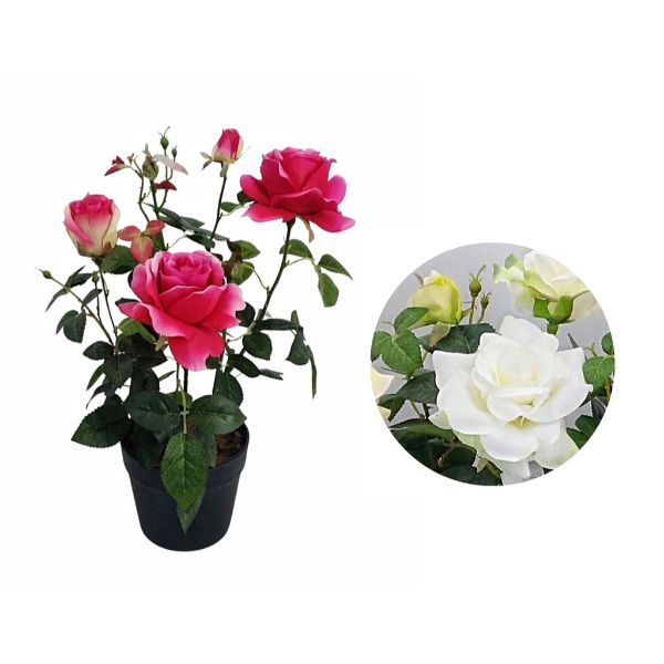 Artificial Pink Rose In Black Pot - 51cm