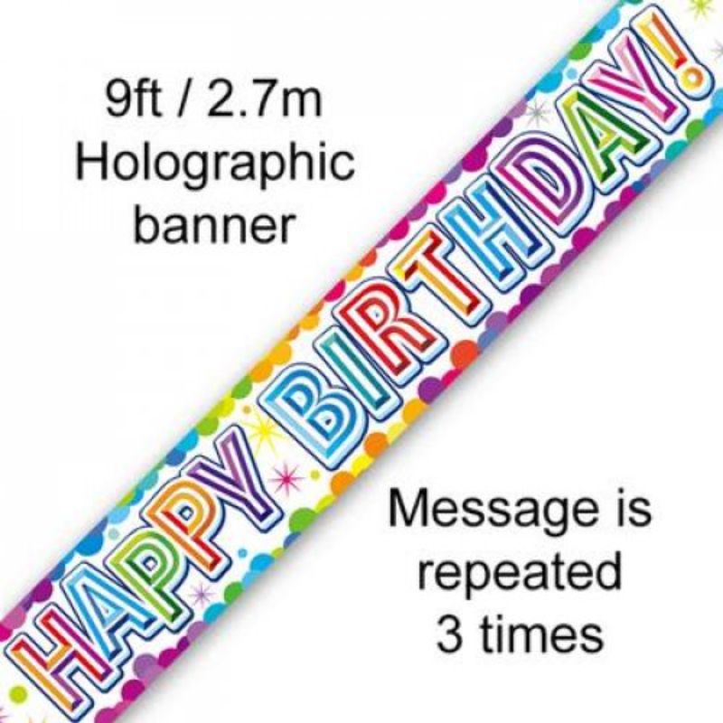 Happy Birthday Colourful Confetti Holographic Banner - 2.7m