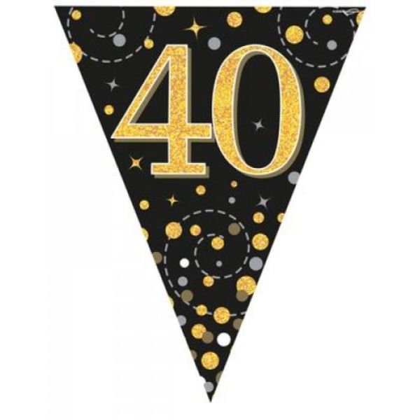 Sparkling Fizz Black & Gold 40th Flag Bunting - 3.9m