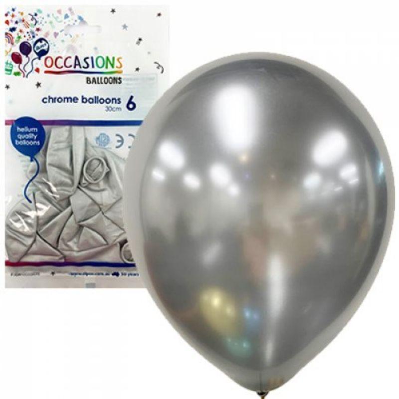 10 Pack Chrome Silver Latex Balloons - 30cm