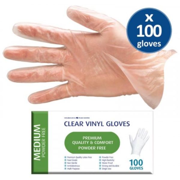 100 Pack Clear Vinyl Powder Free Disposable Gloves - Medium