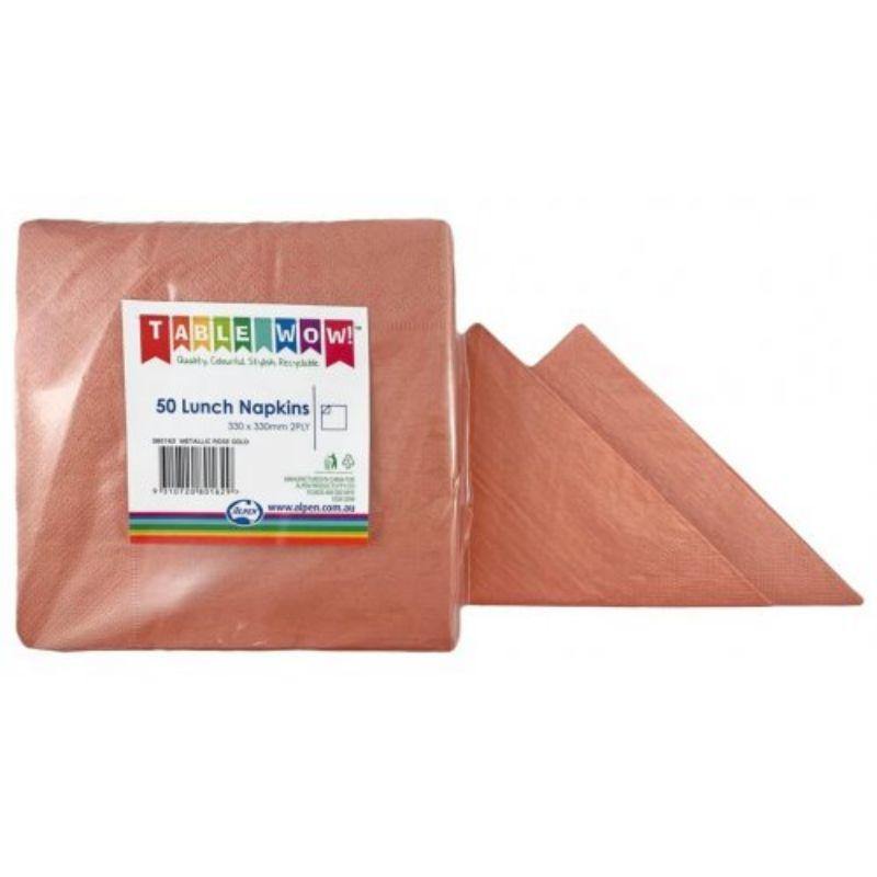 50 Pack Metallic Rose Gold Lunch Napkins - 33cm x 33cm - The Base Warehouse
