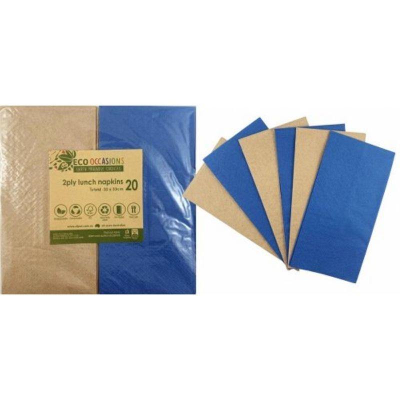 20 Pack Dark Blue & Kraft 1/8 Fold Lunch Napkins - 33cm x 33cm - The Base Warehouse