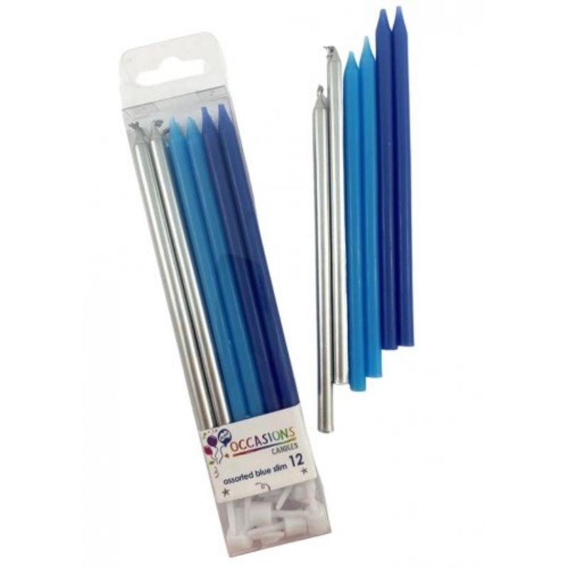 12 Pack Blues & Metallic Slim Candles with Holders - 12cm