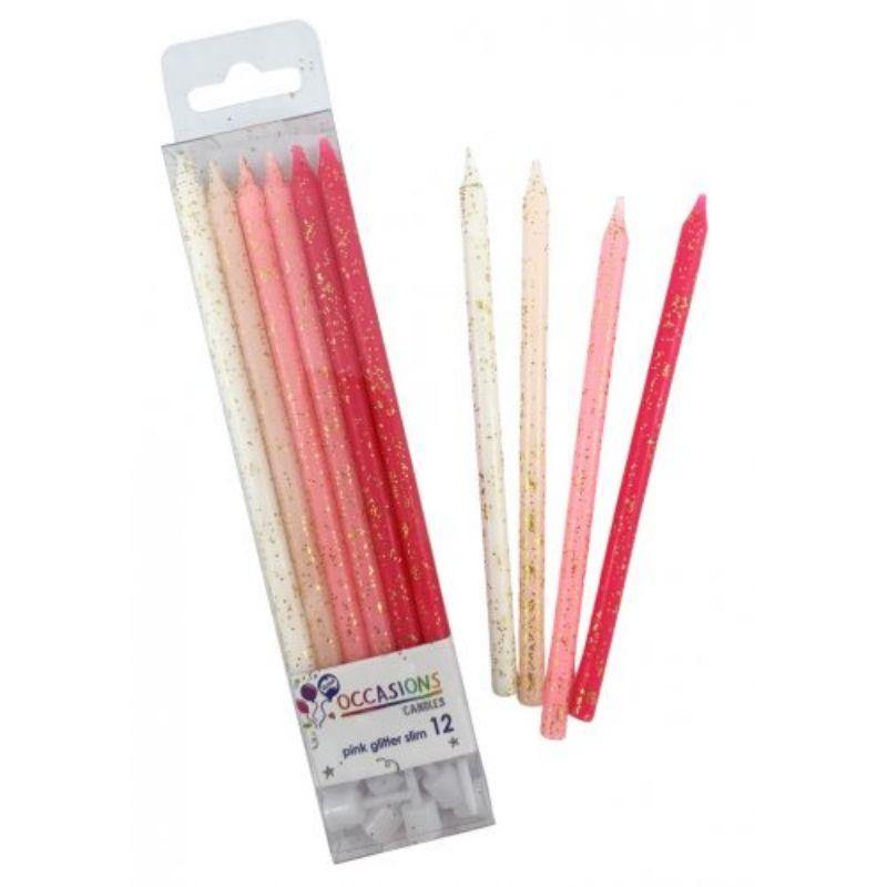 12 Pack Pink Glitter Slim Candles with Holders - 12cm - The Base Warehouse