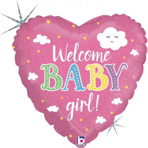 Welcome Baby Girl Holographic Pink Heart Foil Balloon - 45cm