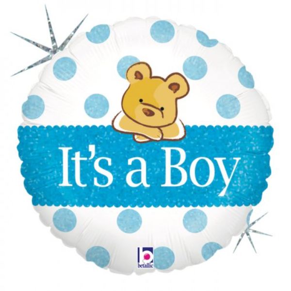 Baby Boy Big Heart Bear Holographic Round Foil Balloon - 45cm
