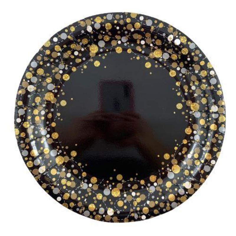 8 Pack Sparkling Fizz Black Gold Paper Platess - 23cm