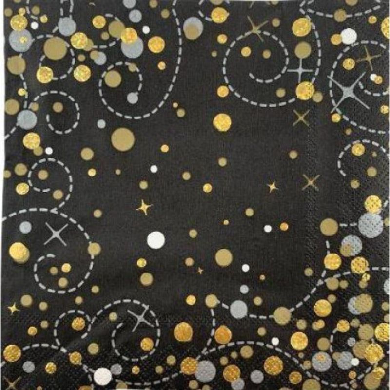 16 Pack Black Gold Sparkling Fizz Napkin - 33cm