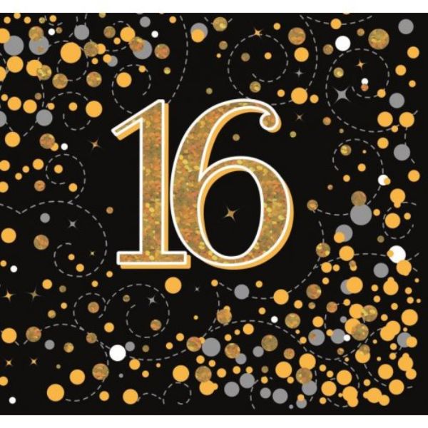 16 Pack Sparkling Fizz Black Gold 16th Birthday Napkins - 33cm x 33cm