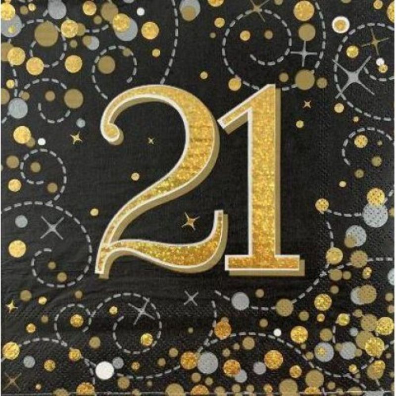16 Pack Black Gold Sparkling Fizz 21 Napkin - 33cm