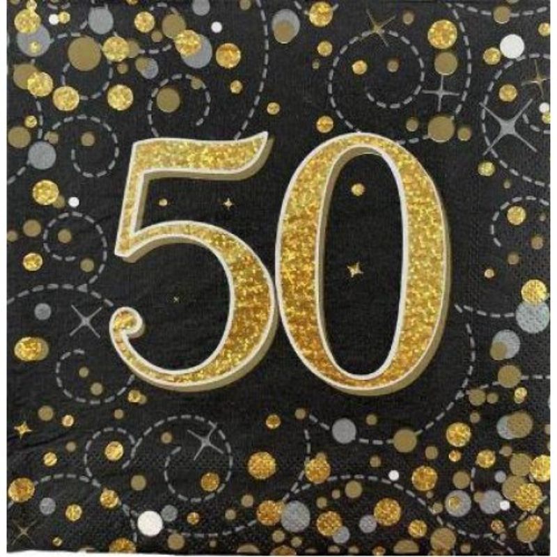 16 Pack Sparkling Fizz Black Gold 50th Birthday Napkins - 33cm x 33cm