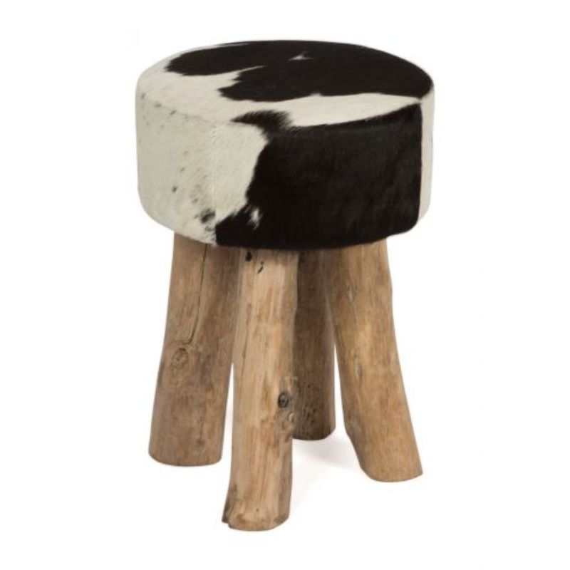 Black & White Cowhide Round Stool with Wooden Legs
