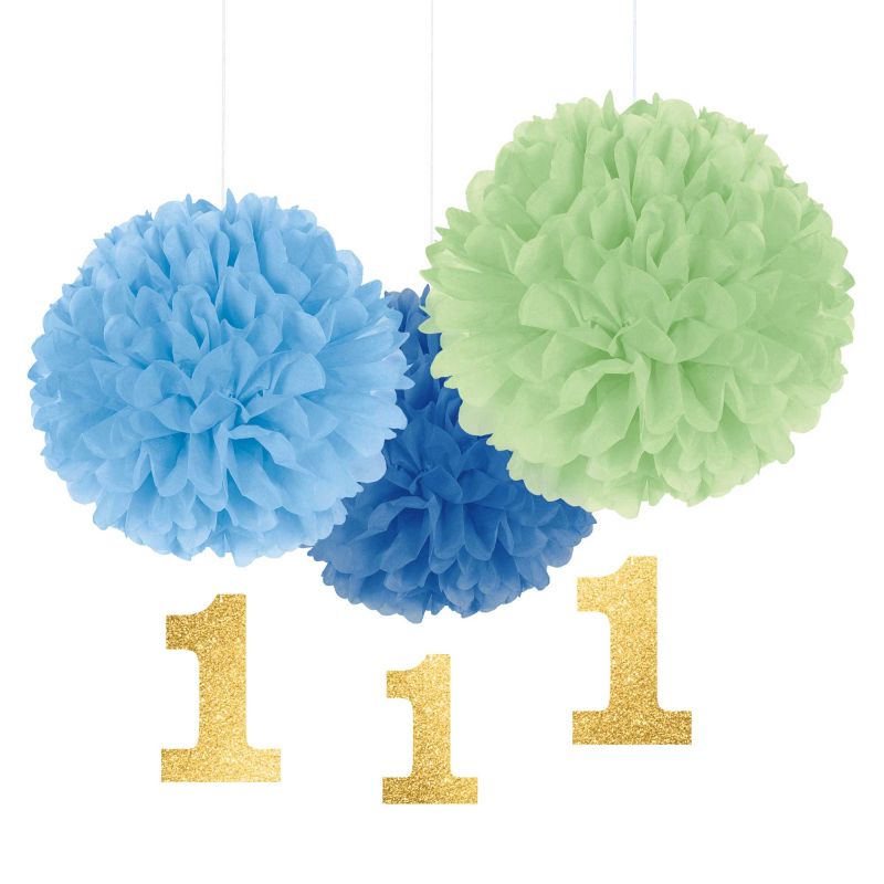3 Pack 1st Birthday Boy Fluffy Decorations & Glittered Cutouts