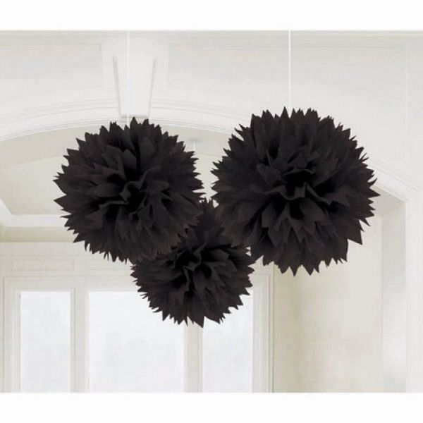 3 Pack Jet Black Fluffy Tissue Decorations - 40cm