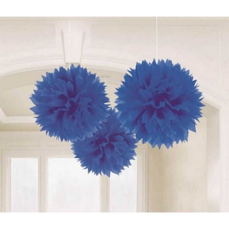 3 Pack Royal Blue Fluffy Tissue Decorations - 40cm