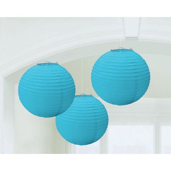 3 Pack Caribbean Blue Round Paper Lanterns - 24cm