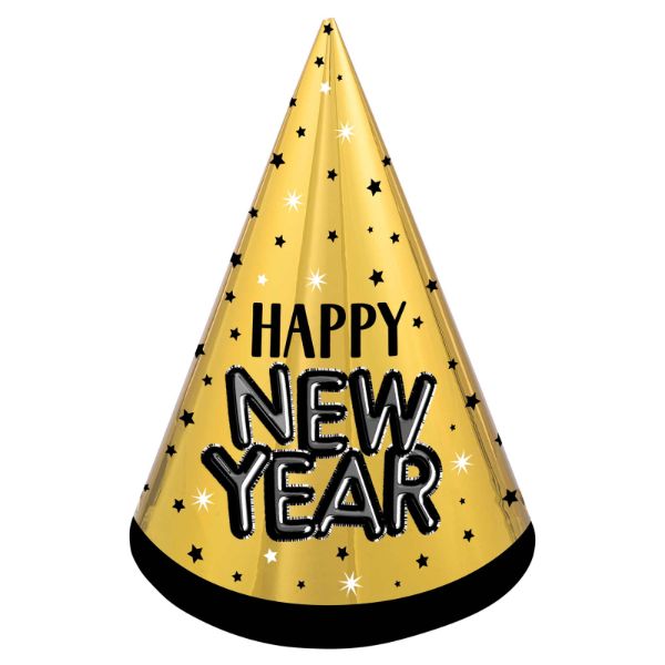 Black Silver & Gold New Year Cone Hat - 23cm