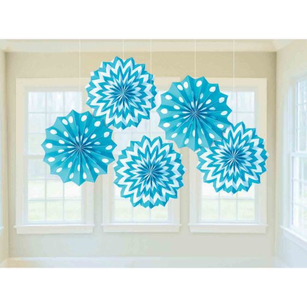 5 Pack Caribbean Blue Printed Paper Fan Decorations - 20cm