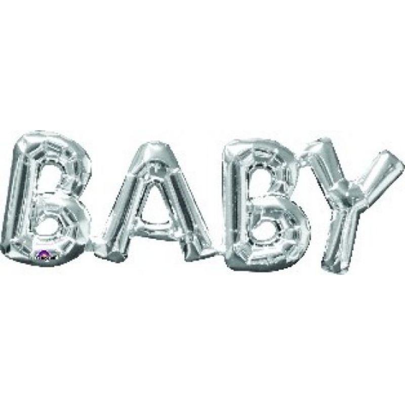 Silver BABY Phrases Foil Balloon - 66cm x 22cm - The Base Warehouse