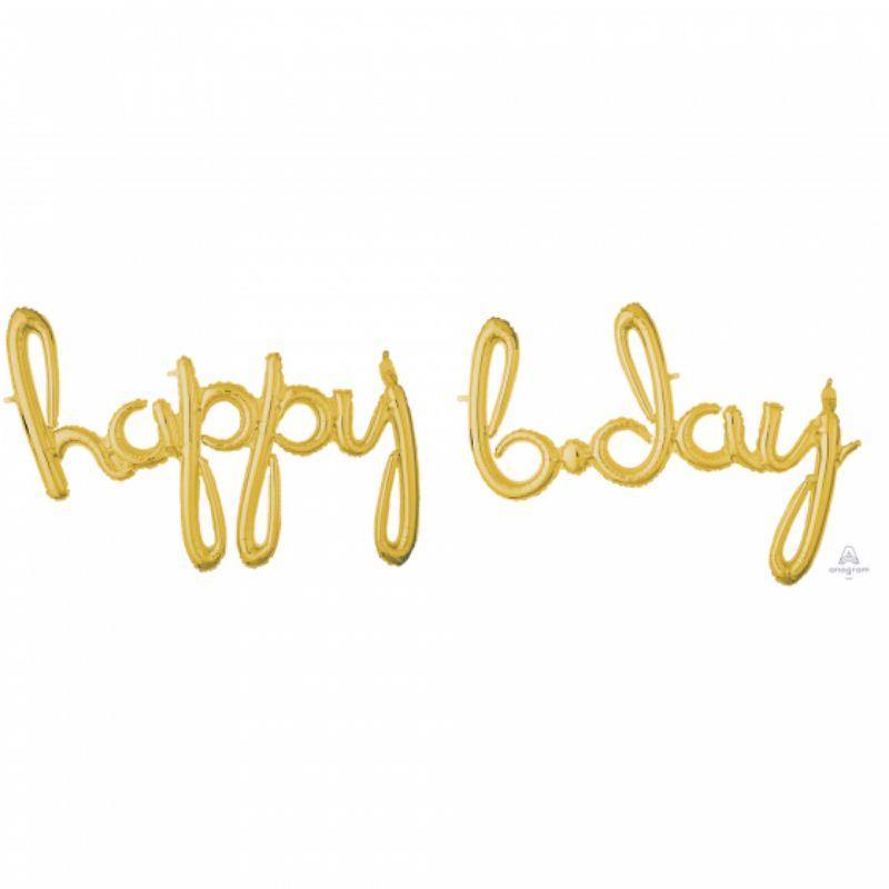 Gold Happy Bday Script Phrases Foil Balloon - The Base Warehouse