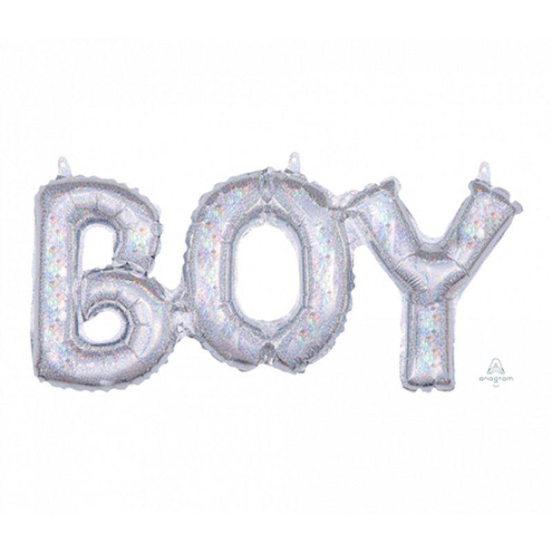 Silver Holographic BOY Phrase Foil Balloon - 50cm x 22cm - The Base Warehouse