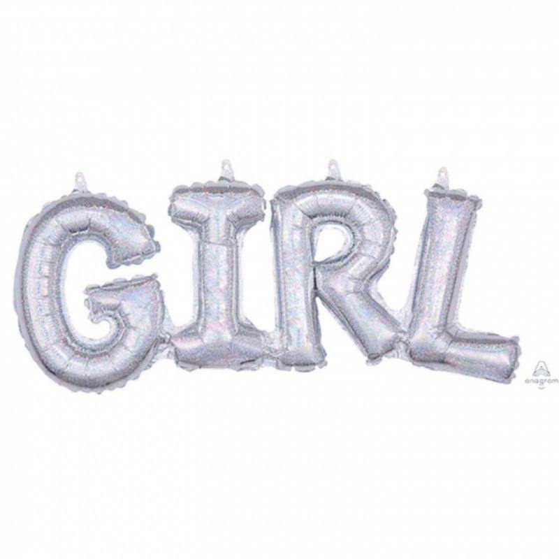 Silver Holographic GIRL Phrase Foil Balloon - 50cm x 22cm - The Base Warehouse