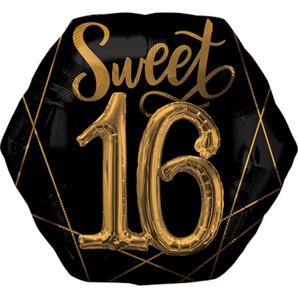 Black & Gold Elegant Sweet Sixteen Foil Balloon - 76cm x 71cm