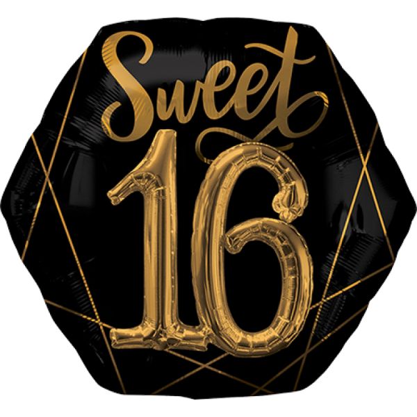 Black & Gold Elegant Sweet Sixteen Foil Balloon - 76cm x 71cm