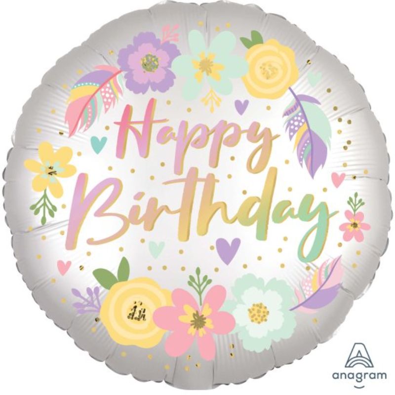 Boho Happy Birthday Satin Flowers Foil Balloon - 45cm