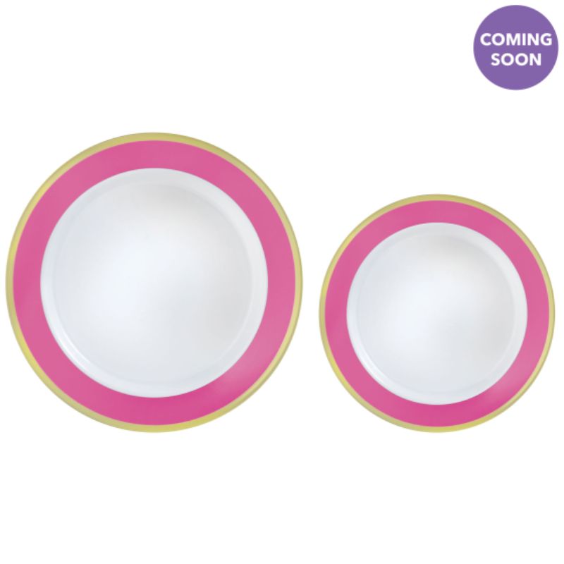 20 Pack Hot Stamped with Bright Pink Border Premium Plastic Plates