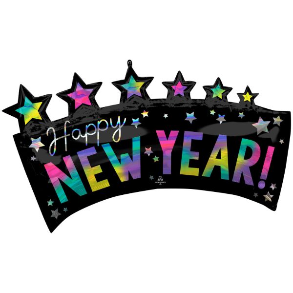 SuperShape Iridescent Happy New Year Star Banner Foil Balloon - 86cm x 48cm