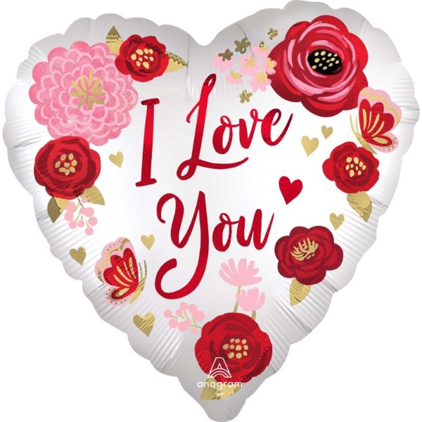 I love You Satin Flowers Heart Shape Foil Balloon - 45cm