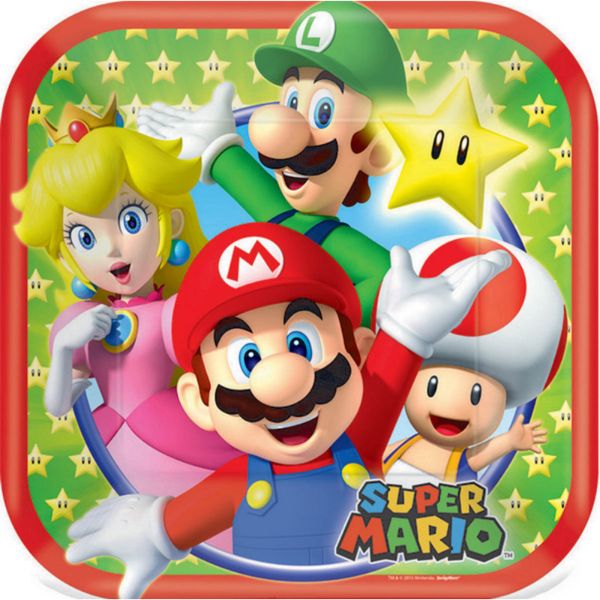 8 Pack Super Mario Brothers Square Paper Plates - 17cm