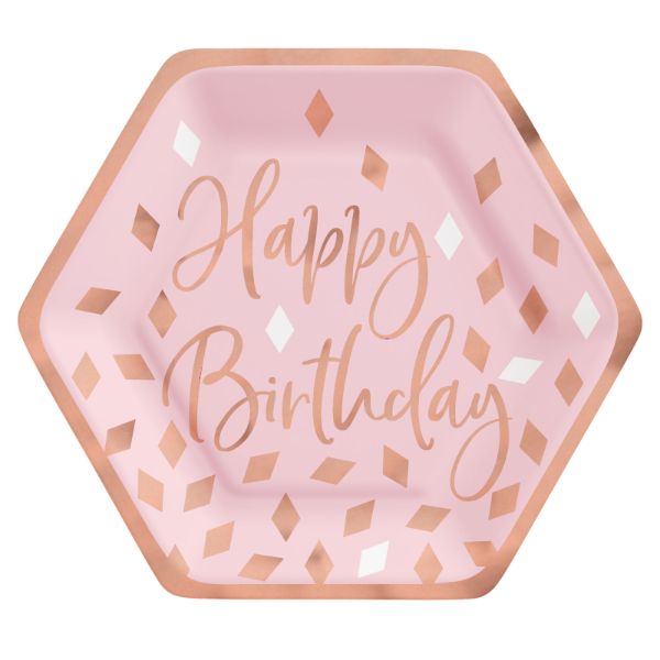 8 Pack Blush Birthday Hexagonal Metallic Paper Plates - 17cm