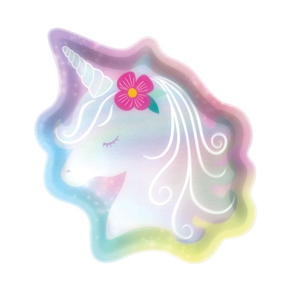 8 Pack Enchanted Unicorn Iridescent Foil Shaped Paper Plates - 20cm x 21cm