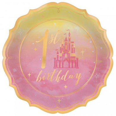 8 Pack Disney Princess Once Upon A Time 1st Birthday Metallic Shaped Plates - 17cm - The Base Warehouse