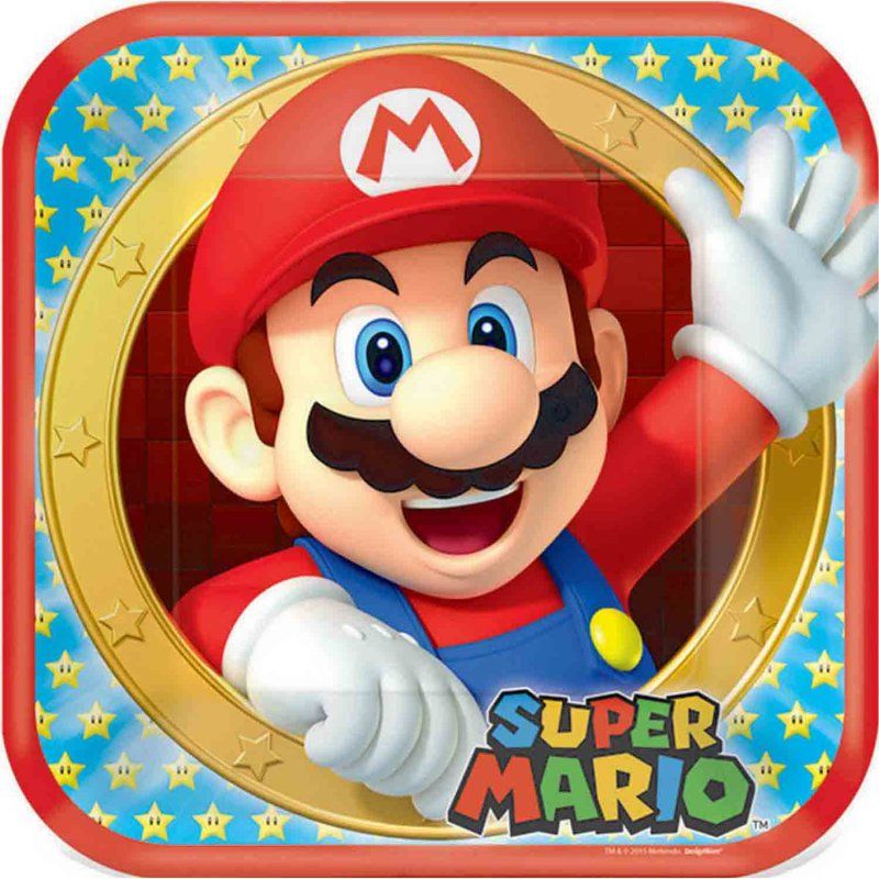 8 Pack Super Mario Brothers Square Paper Plates - 23cm