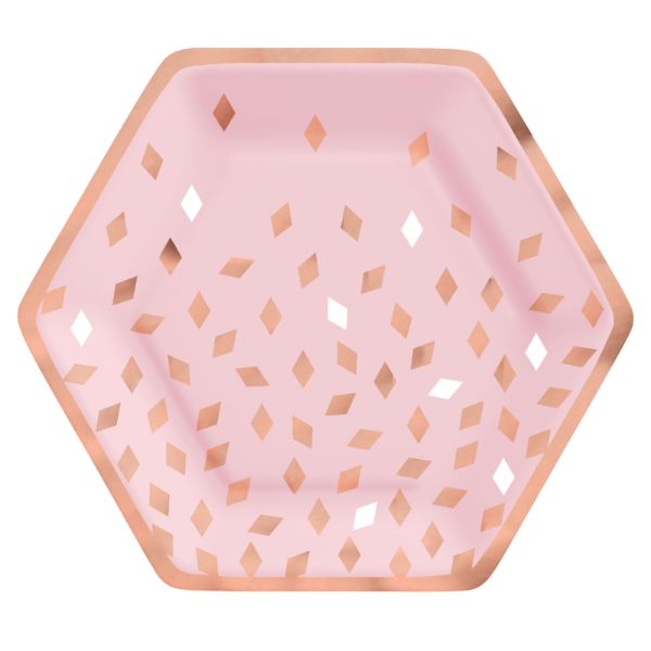 8 Pack Blush Birthday Hexagonal Metallic Paper Plates - 23cm