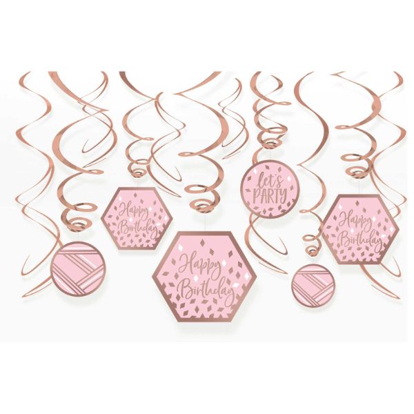 12 Pack Blush Birthday Swirl Decorations