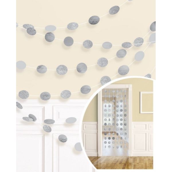 6 Pack Silver Round Glitter String Decorations - 210cm