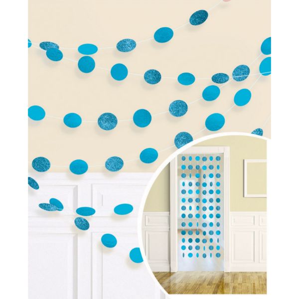 6 Pack Round Glitter Blue String Decorations - 2.1m