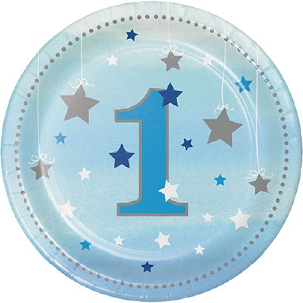 8 Pack Round One Little Star Birthday Boy Lunch Paper Plates - 18cm