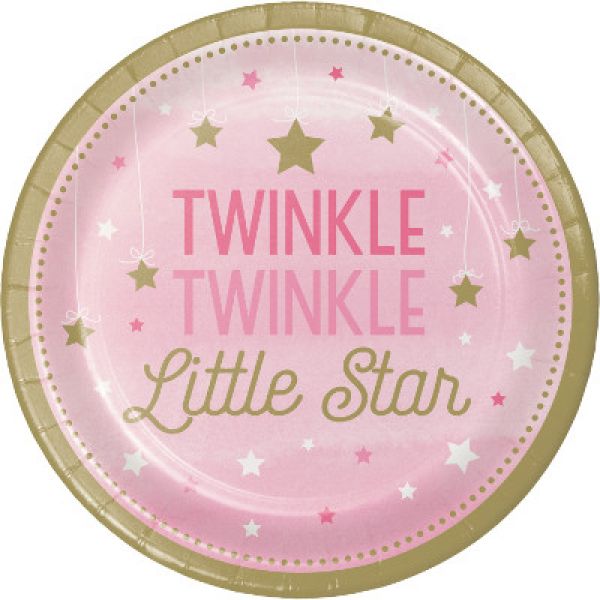8 Pack Round Pink Girl Twinkle Twinkle Little Star Paper Plates - 18cm