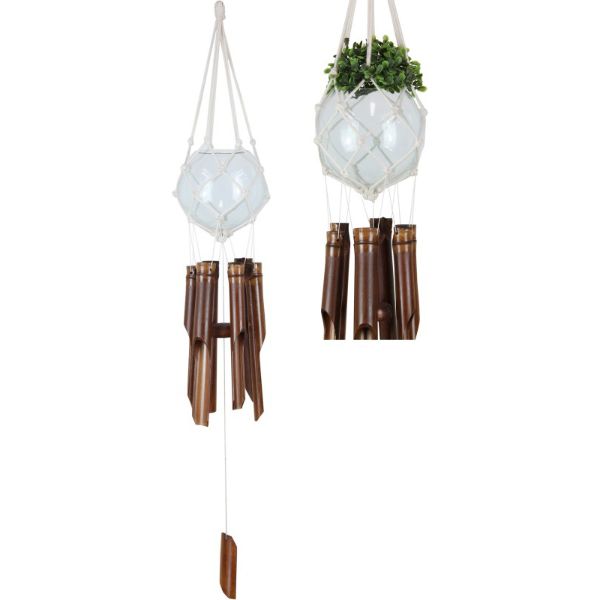 6 Tube Bamboo Wind Chime with Macrame Glass Planter Bowl