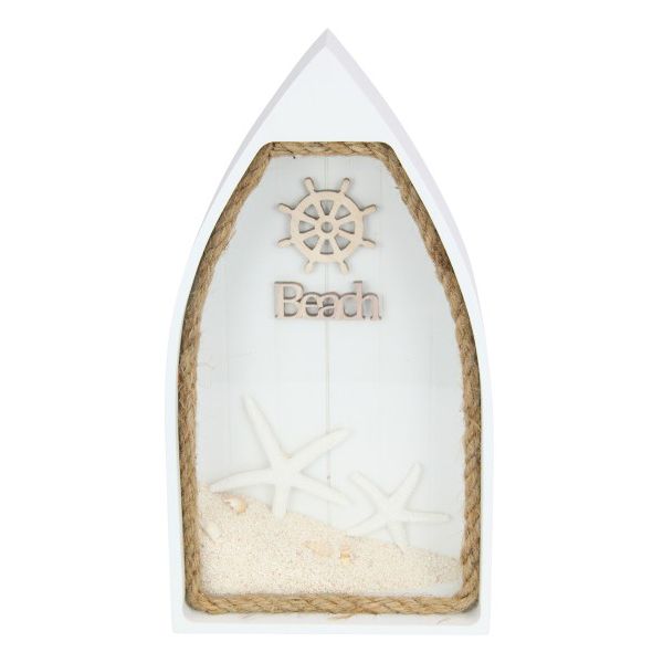 White MDF Rowboat with Glass and Beach Accessories - 30cm