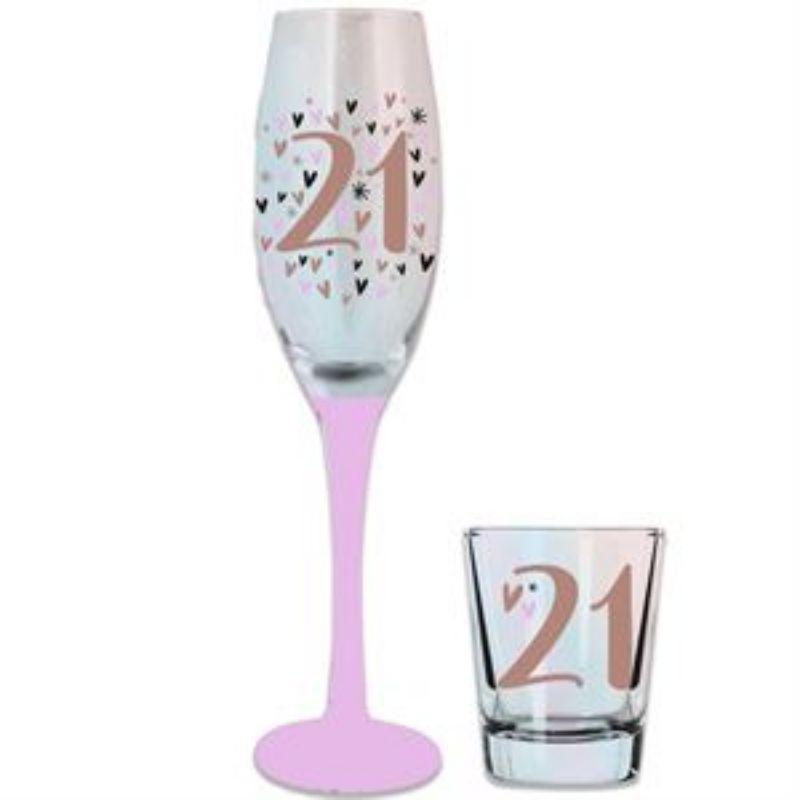 21 Rainbow Pastel/Gold Champagne and Shot Glass Set - 150ml / 30ml