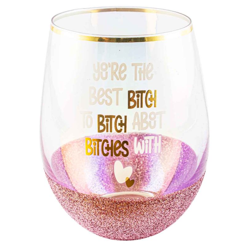 The Best Bitch Pink Glitterati Stemless Glass - 600ml